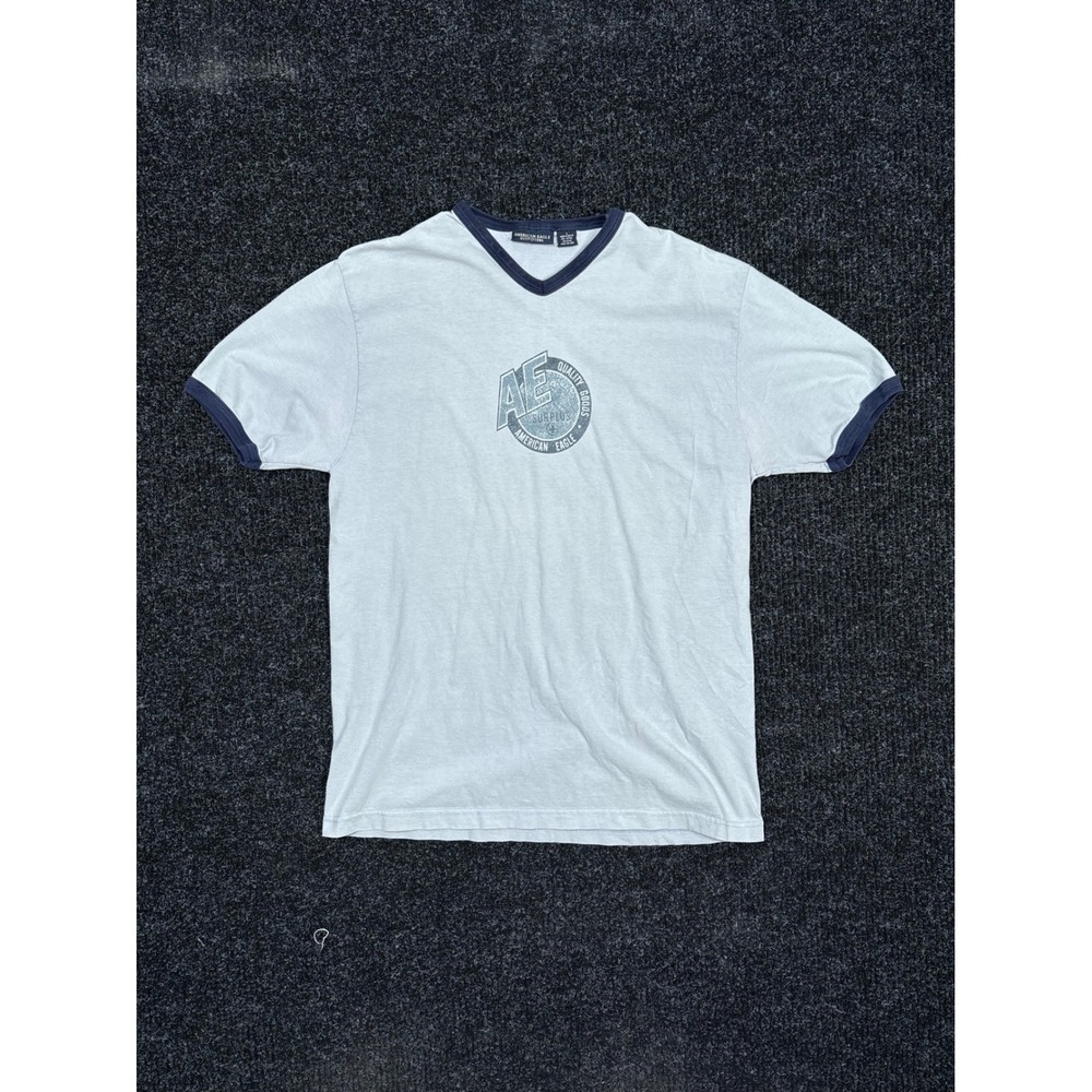 American Eagle Ringer Tee Mens Large Blue V-Neck Graphic T-Shirt Cotton Vintage